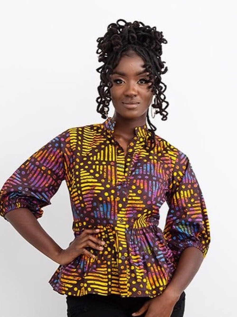 D’iyanu Multicolor African Print Tie-Waist Button Front Blouse - XL